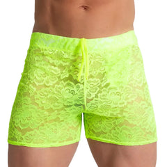 Gigo Paradise yellow hotshort neon green floral lace men’s shorts with drawstring waistband for casual wear