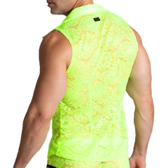Gigo Paradise yellow shirt neon green lace sleeveless top with collar perfect for summer wear