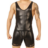 Gigo passione black body shiny latex wrestling singlet with lace trim at the hem