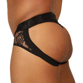 Gigo Passione black jock thong in black lace with rose pattern and elastic waistband showing the back side