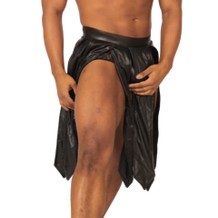 Gigo Passione black faux leather wrap-around shorts with high waist glossy finish and side slits visible on front side