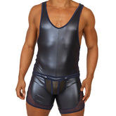 Navy blue shiny latex wrestling singlet with mesh panels and matching shorts gigo passione blue body front view