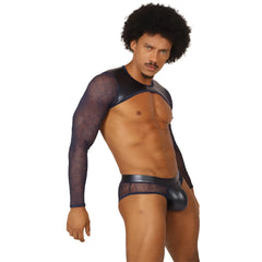 Black lace long-sleeved bodysuit with glossy form-fitting design in gigo passione blue harness style