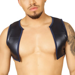 Black patent leather vest with navy blue trim in gigo passione blue vest harness design