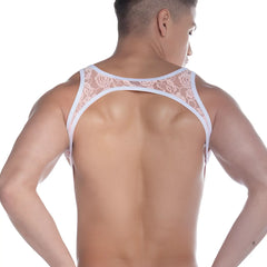 White lace tank top with floral pattern and thin straps in the gigo picot pink harness collection