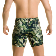 Men’s gigo plantation beachwear tropical leaf-patterned swim trunks in dark and light green with snug fit and seams
