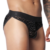 Black mesh brief with a tonal leopard pattern, high-cut style, and a branded elastic waistband.
