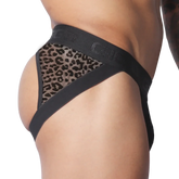 Black jockstrap with a leopard print mesh back panel and a thick, branded elastic waistband.
