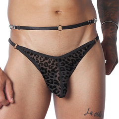 Sheer black leopard-print jockstrap featuring a thin waist belt, metal hardware rings, and adjustable closures.