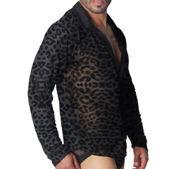 Sheer black button-down shirt with a tonal leopard print pattern, long sleeves, and a solid black collar.