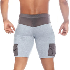 Gray athletic shorts with mesh waistband and matching cargo pockets designed for active use gigo pocket gray short