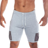 Gray heathered gigo pocket athletic shorts with mesh side pockets and white drawstring for active wear
