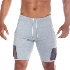 Gray heathered gigo pocket athletic shorts with mesh side pockets and white drawstring for active wear