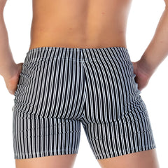 Gigo Polo black beachwear black and white vertically striped swim trunks with fitted waistband for beach use