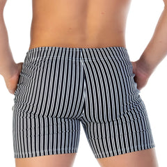 Gigo Polo black beachwear black and white vertically striped swim trunks with fitted waistband for beach use