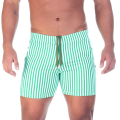 Gigo Polo green beachwear green and white vertically striped swim trunks with olive green drawstring for swimming