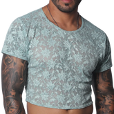 Aqua blue sheer lace crop top with a crew neck and short sleeves.