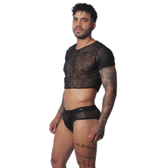 Black short-sleeve crop top in a sheer, intricate web-pattern lace fabric with a round neckline.