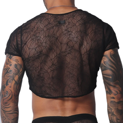 Black sheer lace crop top with short sleeves and a branded patch detail on the back.