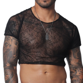 Black sheer mesh short-sleeve crop top with a delicate, intricate web-like pattern and round neckline.