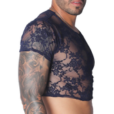 Navy blue floral lace short-sleeve crop top with a crew neck and semi-sheer finish.
