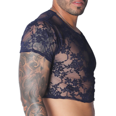 Navy blue floral lace short-sleeve crop top with a crew neck and semi-sheer finish.
