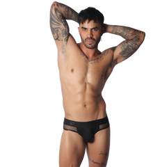 Black low-rise briefs featuring a mesh side design, contoured pouch, and an elasticized branded waistband.