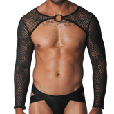 Black fishnet long-sleeve harness with a central metallic O-ring collar and matching black athletic jockstrap.
