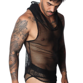Sleeveless black fishnet hooded tank top with a deep scoop neckline and fitted cut.