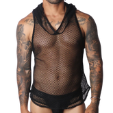 Black sleeveless fishnet hooded tank top featuring a wide neckline and athletic mesh design.