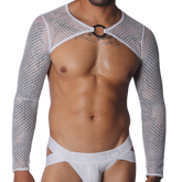 White mesh long-sleeve harness with a central silver O-ring connector and cutout chest design.