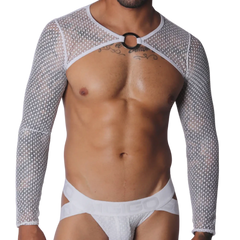 White mesh long-sleeve harness with a central silver O-ring connector and cutout chest design.