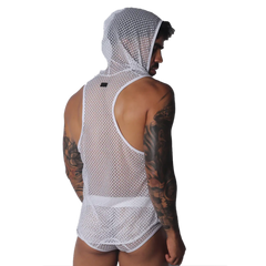 White sleeveless mesh hoodie tank top for men with a racerback design and athletic fit.