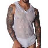 Sleeveless white hooded tank top in a semi-sheer, geometric mesh fabric with a V-neckline.