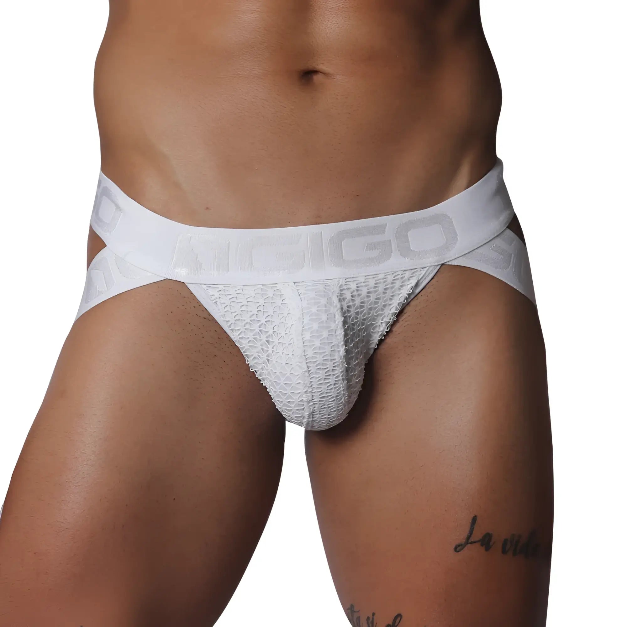 White mesh jockstrap with a branded elastic waistband and contoured pouch.