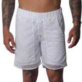 White short athletic-style shorts in a semi-sheer, open-weave mesh fabric with an elastic waistband and side pockets.