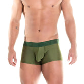 Olive green men’s boxer briefs with matching embossed branding elastic waistband gigo prudence green trunk