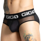 Black Gigo purity brief for men featuring mesh panel and elastic waistband for comfort and breathability
