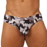 Gigo rank camouflaged swim brief featuring gray black and white camouflage pattern for swimming and beachwear