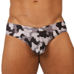 Gigo rank camouflaged swim brief featuring gray black and white camouflage pattern for swimming and beachwear
