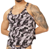 Gray and black camouflage tank top with adjustable shoulder straps and metallic buckles by Gigo Rank Camouflaged Tank