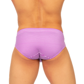 Gigo rank purple swim brief featuring purple and white striped swim trunks designed for comfortable swimming use