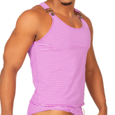 Gigo Rank Purple tank vibrant pink and white striped tank top with adjustable shoulder straps and metallic buckles