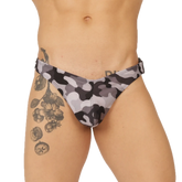 Gray and black camouflage swim gstring from Gigo rank red designed for comfortable swimwear use