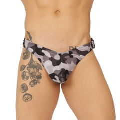 Gray and black camouflage swim gstring from Gigo rank red designed for comfortable swimwear use