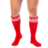 Gigo red knee-high socks with white stripes and a subtle logo at the top, designed for comfort and style