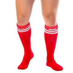 Gigo red knee-high socks with white stripes and a subtle logo at the top, designed for comfort and style