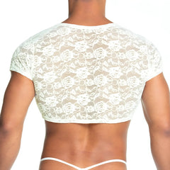 Gigo redemotion beige crop top featuring white floral lace design with delicate texture and stylish fit