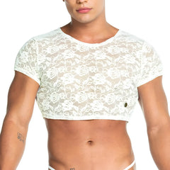 White floral lace crop top from gigo redemotion with beige crop top detailing made of delicate lace fabric