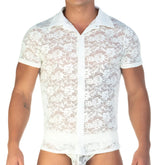 White floral lace short-sleeved shirt with collar and button front in gigo redemotion beige shirt design